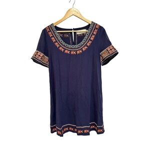 Sweet Jane Navy Blue Embroidered Boho Shift Mini Dress Short Sleeve Small Rayon